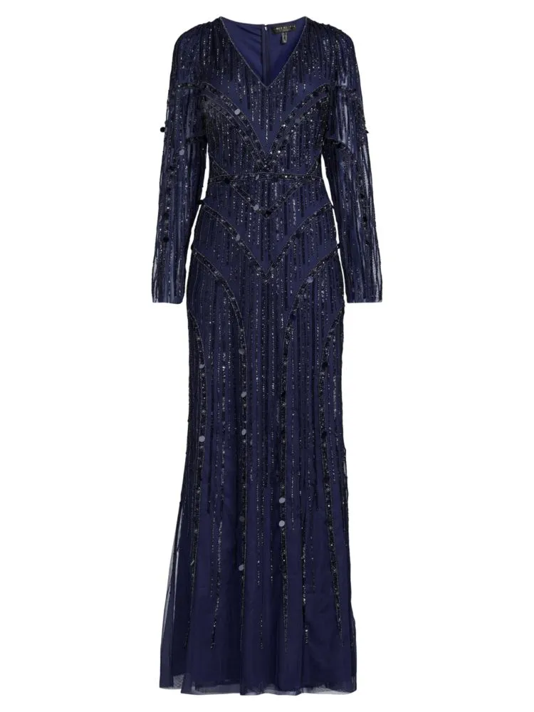 Aidan Mattox Long Sleeve Beaded Mermaid Dress, Navy