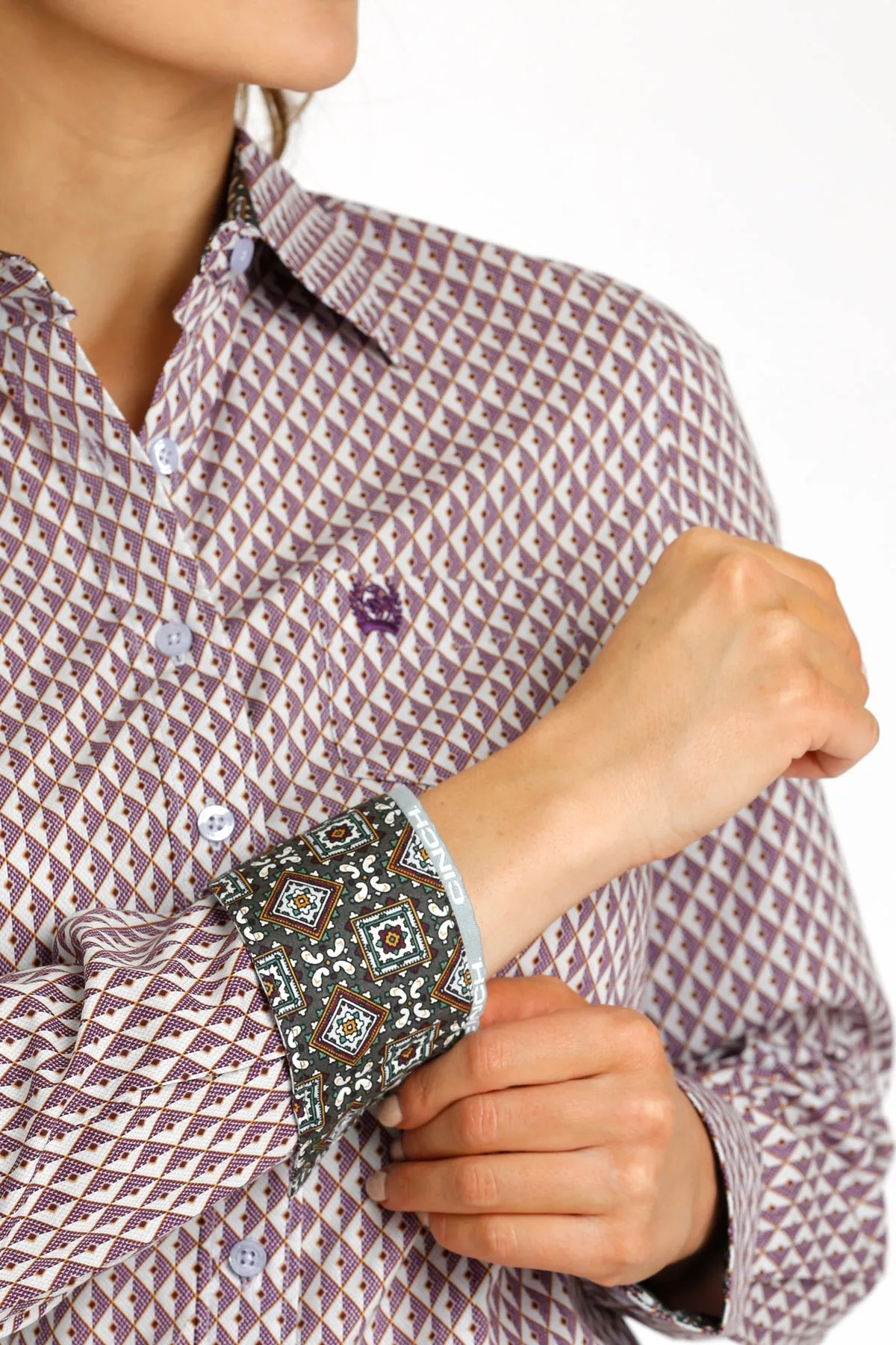Cinch Women's Purple & White Geometric Diamond Western Button Down Shirt