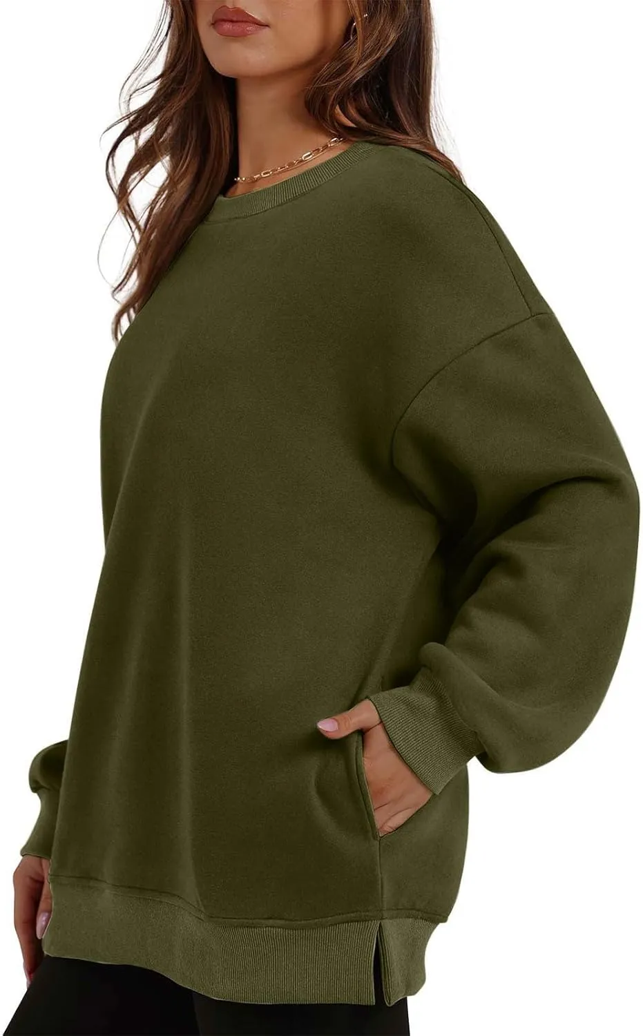 Crewneck Sweatshirts for Women Oversized Patchwork Casual Trendy Fall Tops Long Sleeve Pullover Sweaters with Pockets