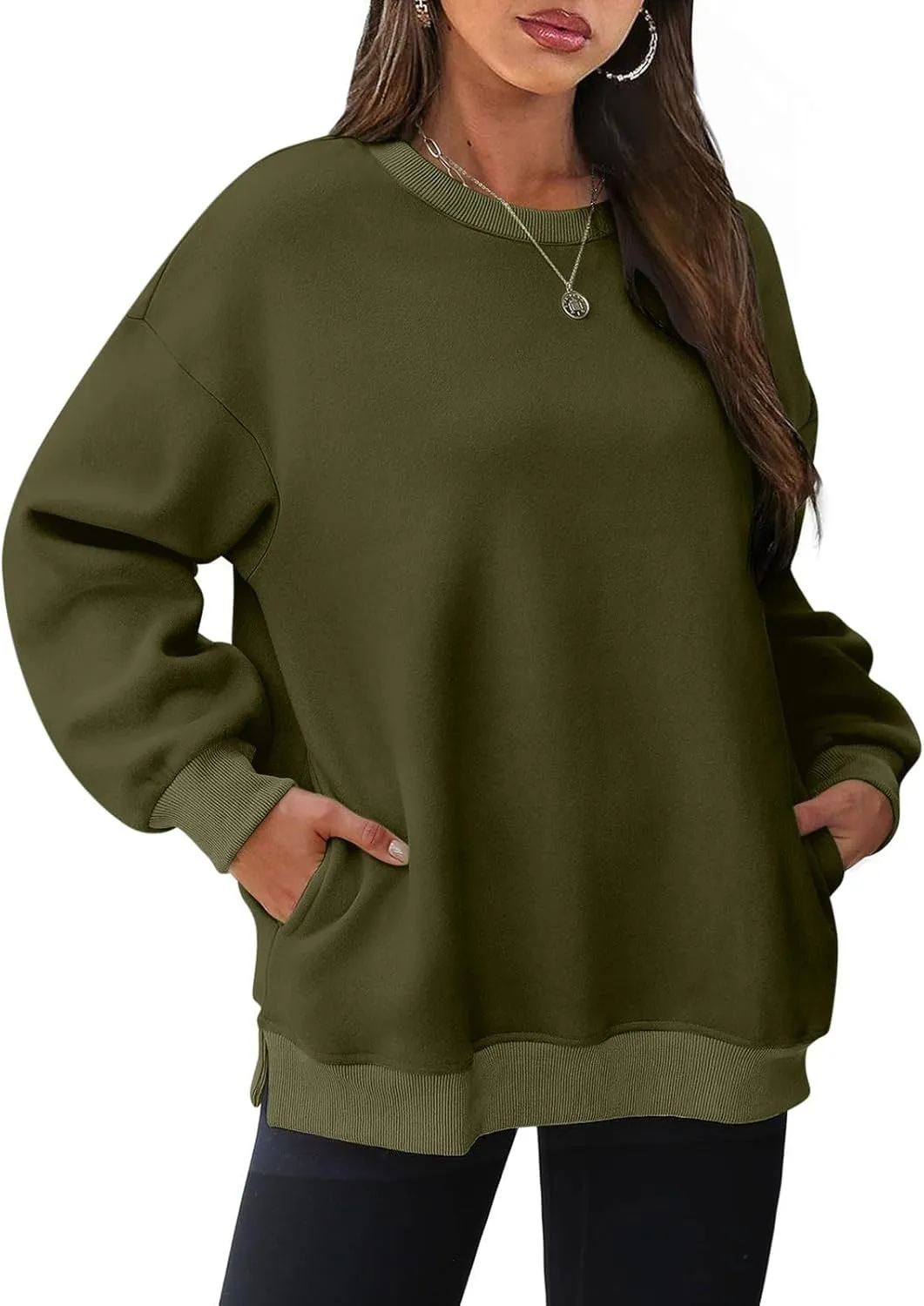 Crewneck Sweatshirts for Women Oversized Patchwork Casual Trendy Fall Tops Long Sleeve Pullover Sweaters with Pockets