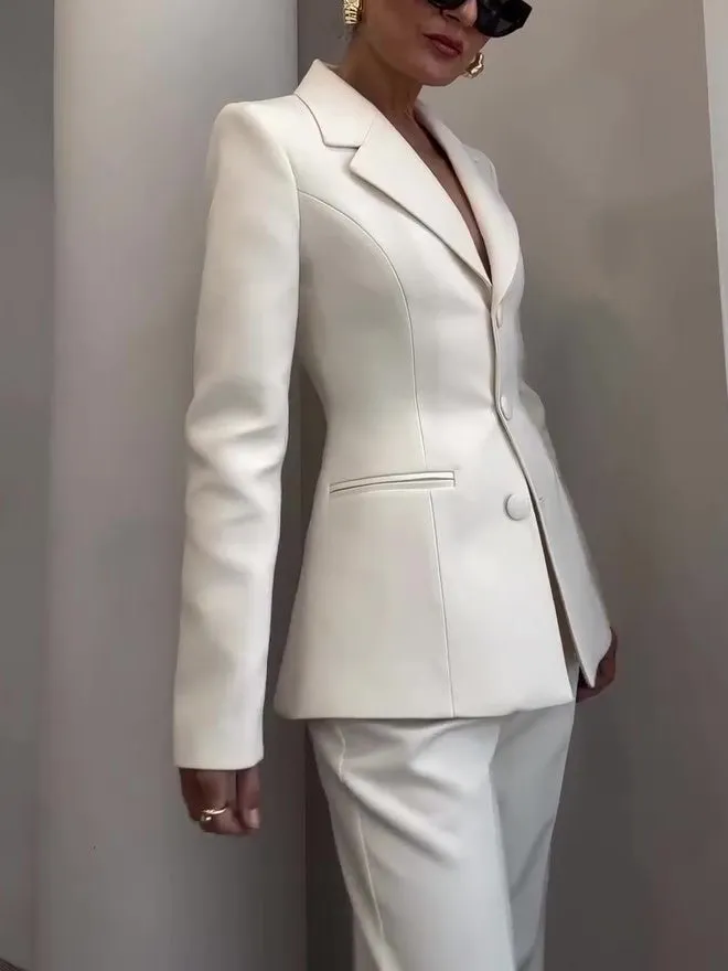 Fashion Classic Waist-Cinched Blazer & High-Waisted Pants White Suit