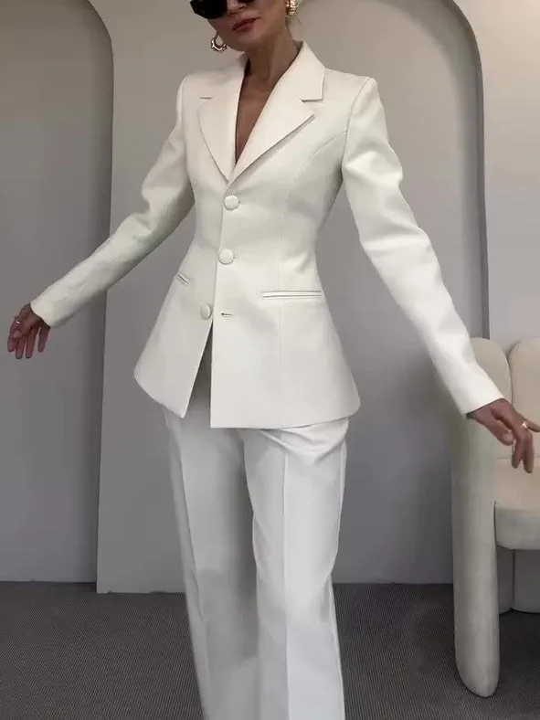 Fashion Classic Waist-Cinched Blazer & High-Waisted Pants White Suit