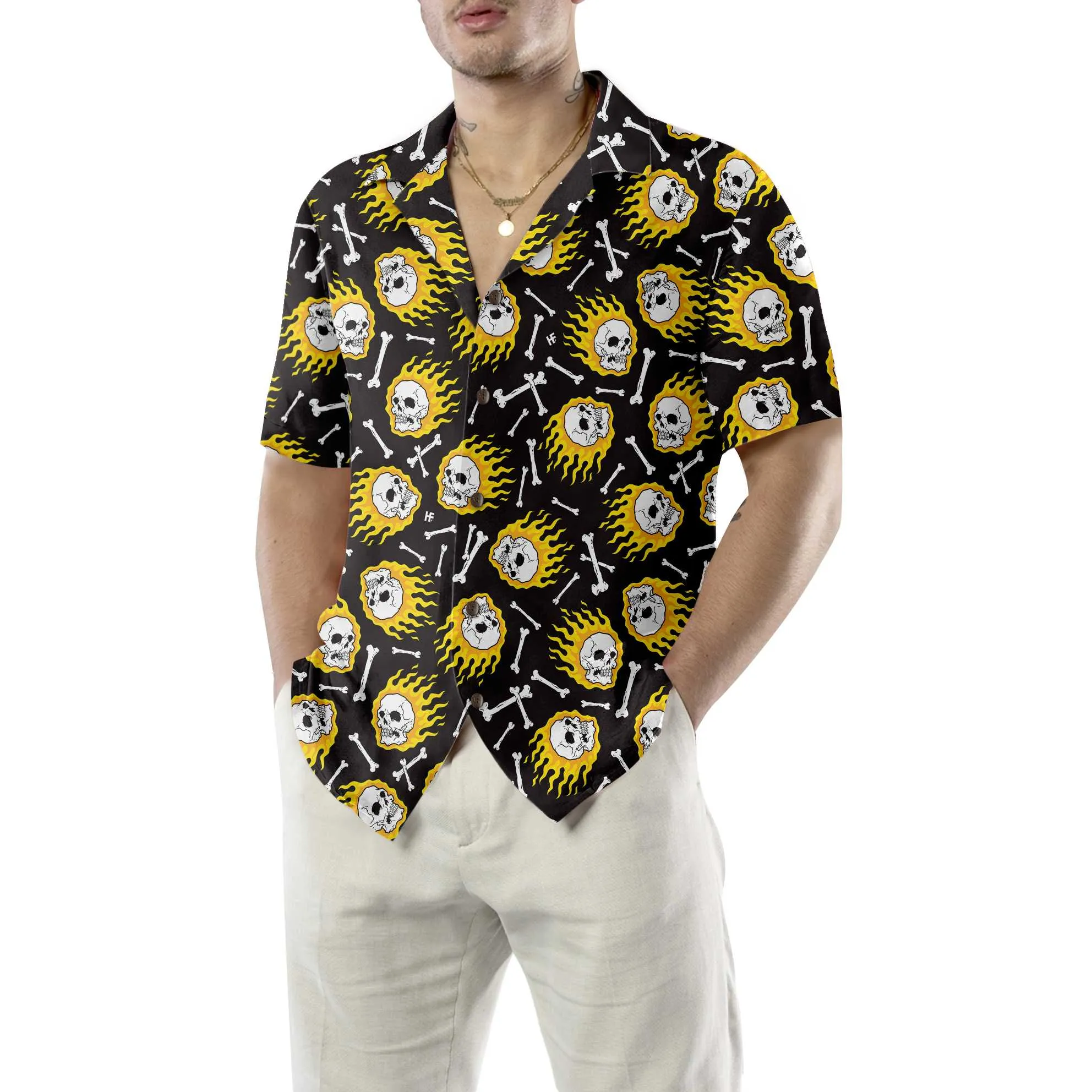Flaming Skull Pattern Hawaiian Shirt, Unique Flame Shirt For Men, Flame Print Shirt