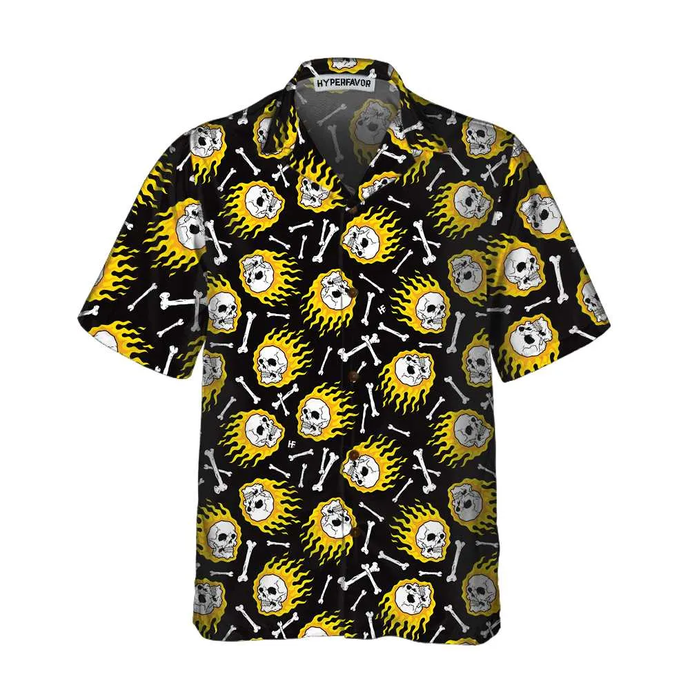 Flaming Skull Pattern Hawaiian Shirt, Unique Flame Shirt For Men, Flame Print Shirt