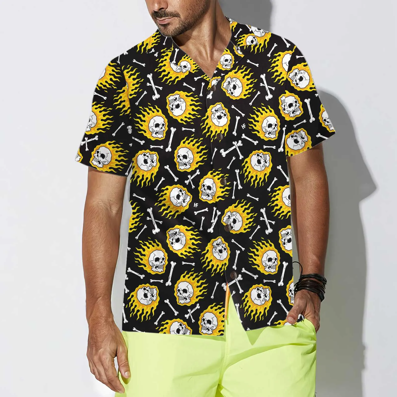 Flaming Skull Pattern Hawaiian Shirt, Unique Flame Shirt For Men, Flame Print Shirt