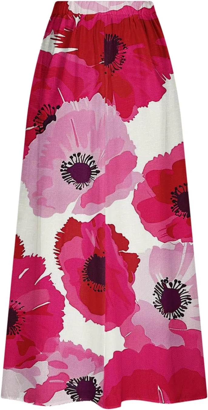 FZYLQY 2025 Summer Maxi Skirt for Women Casual Elegant Boho Elastic High Waist Pleated A-Line Skirts Flowy Swing Beach Skirt