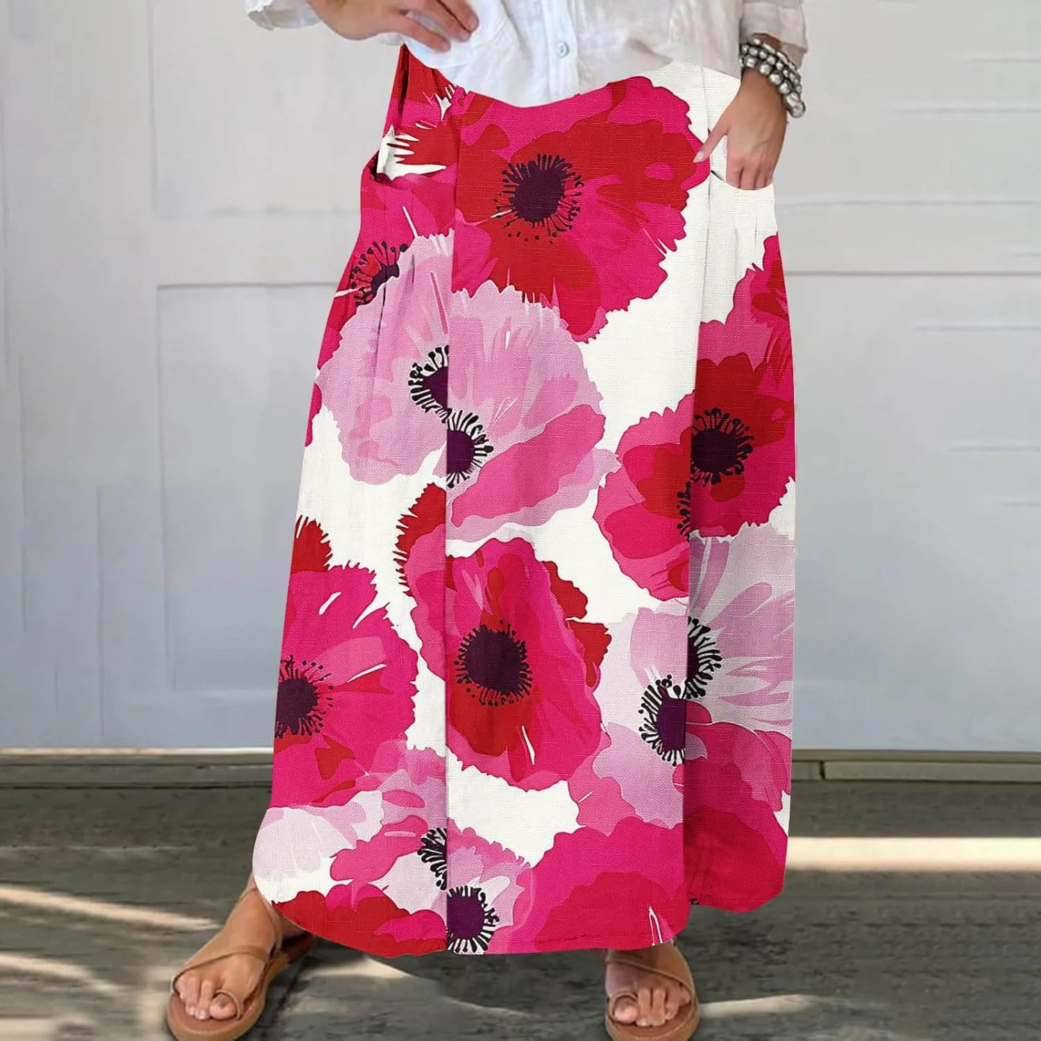 FZYLQY 2025 Summer Maxi Skirt for Women Casual Elegant Boho Elastic High Waist Pleated A-Line Skirts Flowy Swing Beach Skirt
