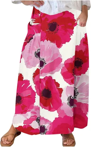 FZYLQY 2025 Summer Maxi Skirt for Women Casual Elegant Boho Elastic High Waist Pleated A-Line Skirts Flowy Swing Beach Skirt