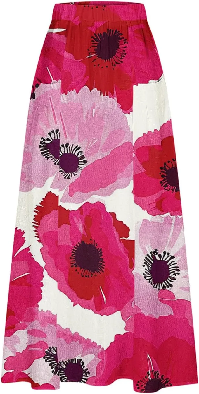FZYLQY 2025 Summer Maxi Skirt for Women Casual Elegant Boho Elastic High Waist Pleated A-Line Skirts Flowy Swing Beach Skirt
