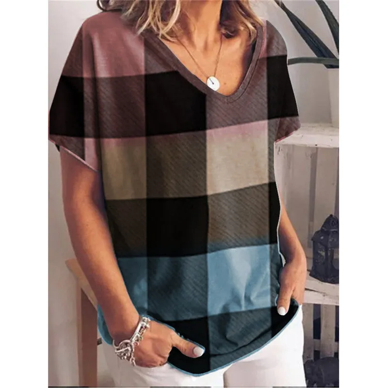 Gradient printed short-sleeved European and American plus size loose T-shirt for women