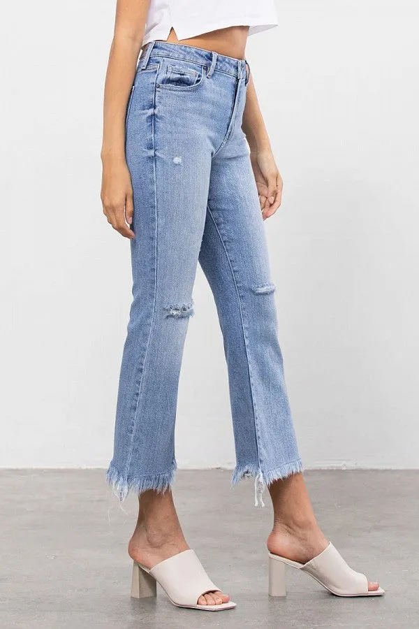 Hidden High Rise Light Blue Super Fray Crop Flare Jean