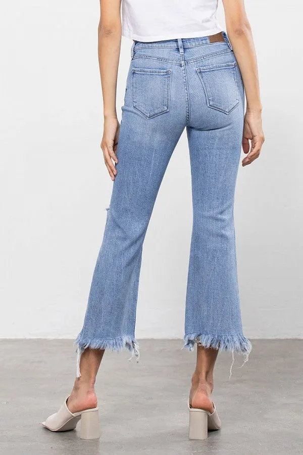 Hidden High Rise Light Blue Super Fray Crop Flare Jean
