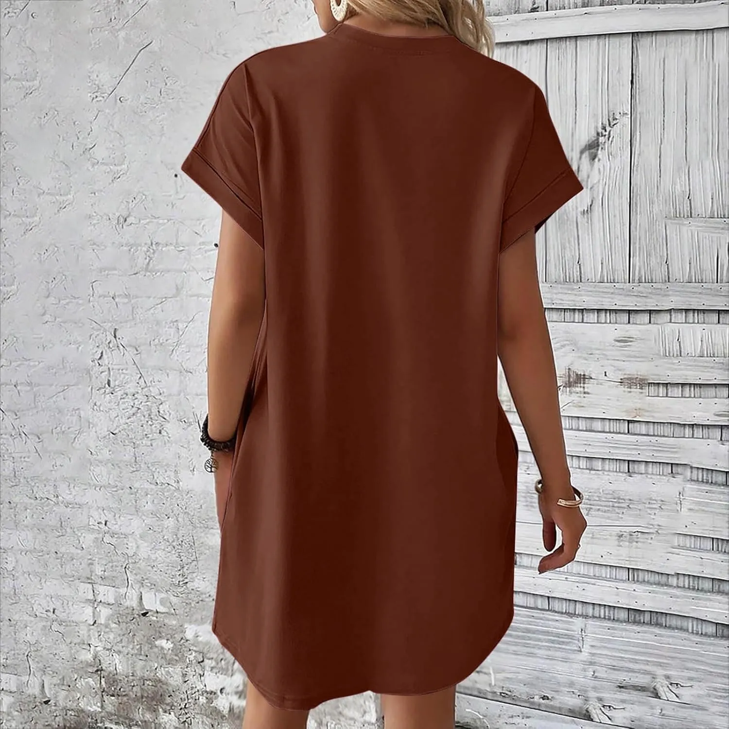 hlysgo Womens Summer Dresses 2025 Trendy Short Sleeve Crew Neck Mini Dress Casual Loose Fit Knee Length Dress with Pockets
