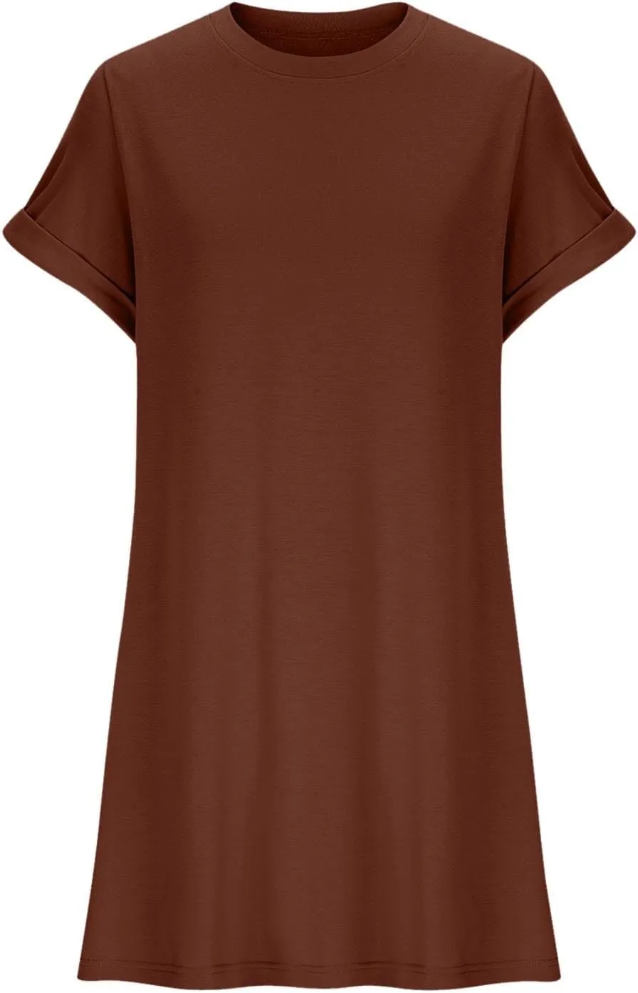 hlysgo Womens Summer Dresses 2025 Trendy Short Sleeve Crew Neck Mini Dress Casual Loose Fit Knee Length Dress with Pockets