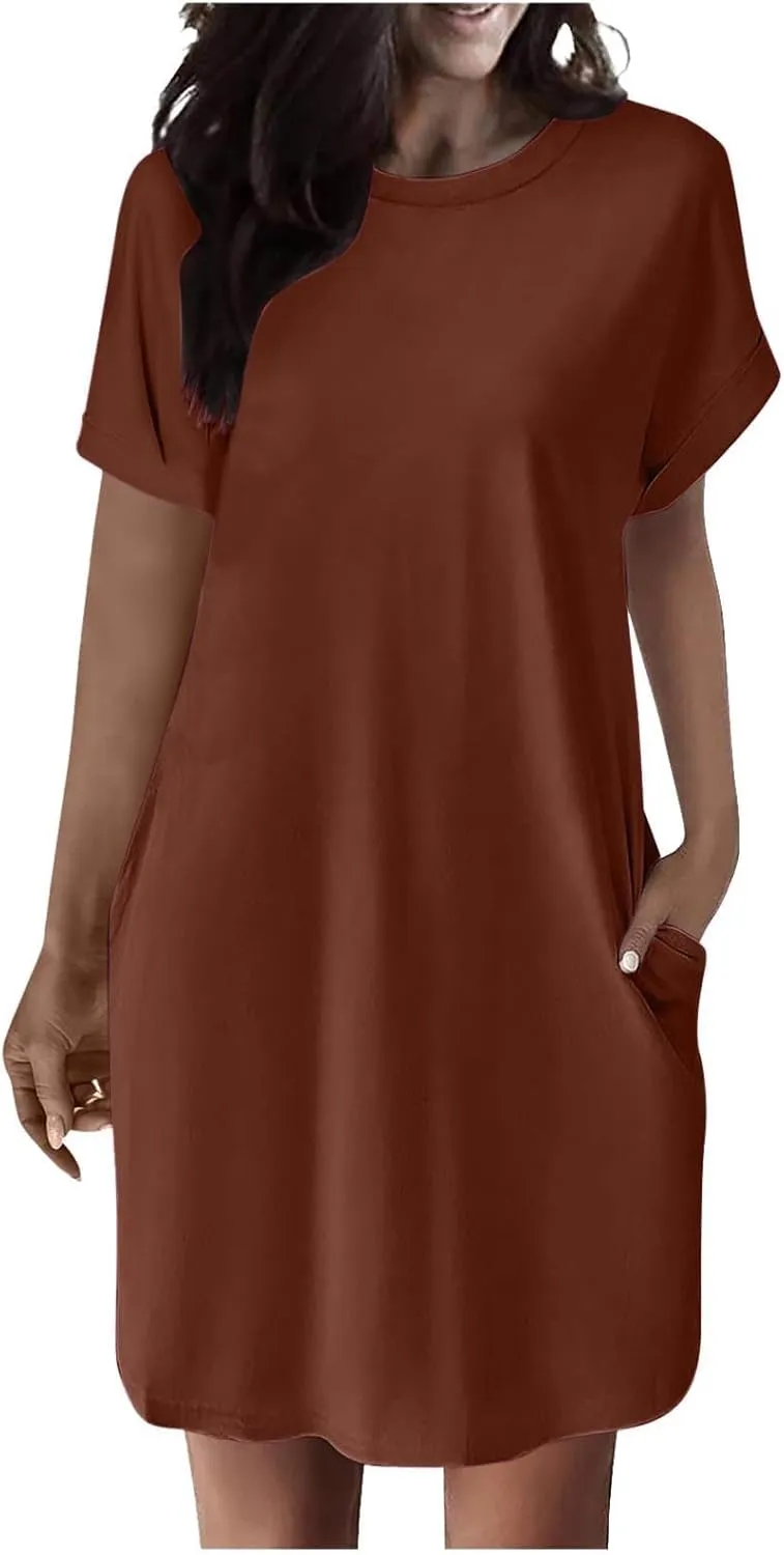 hlysgo Womens Summer Dresses 2025 Trendy Short Sleeve Crew Neck Mini Dress Casual Loose Fit Knee Length Dress with Pockets