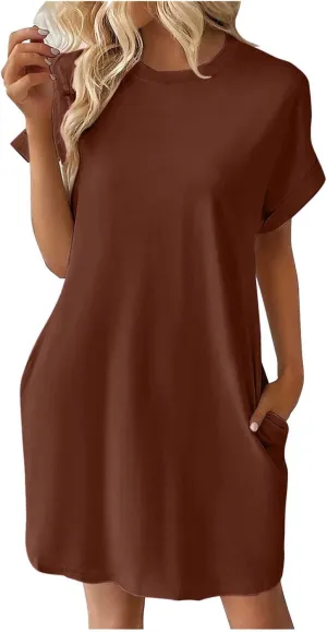 hlysgo Womens Summer Dresses 2025 Trendy Short Sleeve Crew Neck Mini Dress Casual Loose Fit Knee Length Dress with Pockets