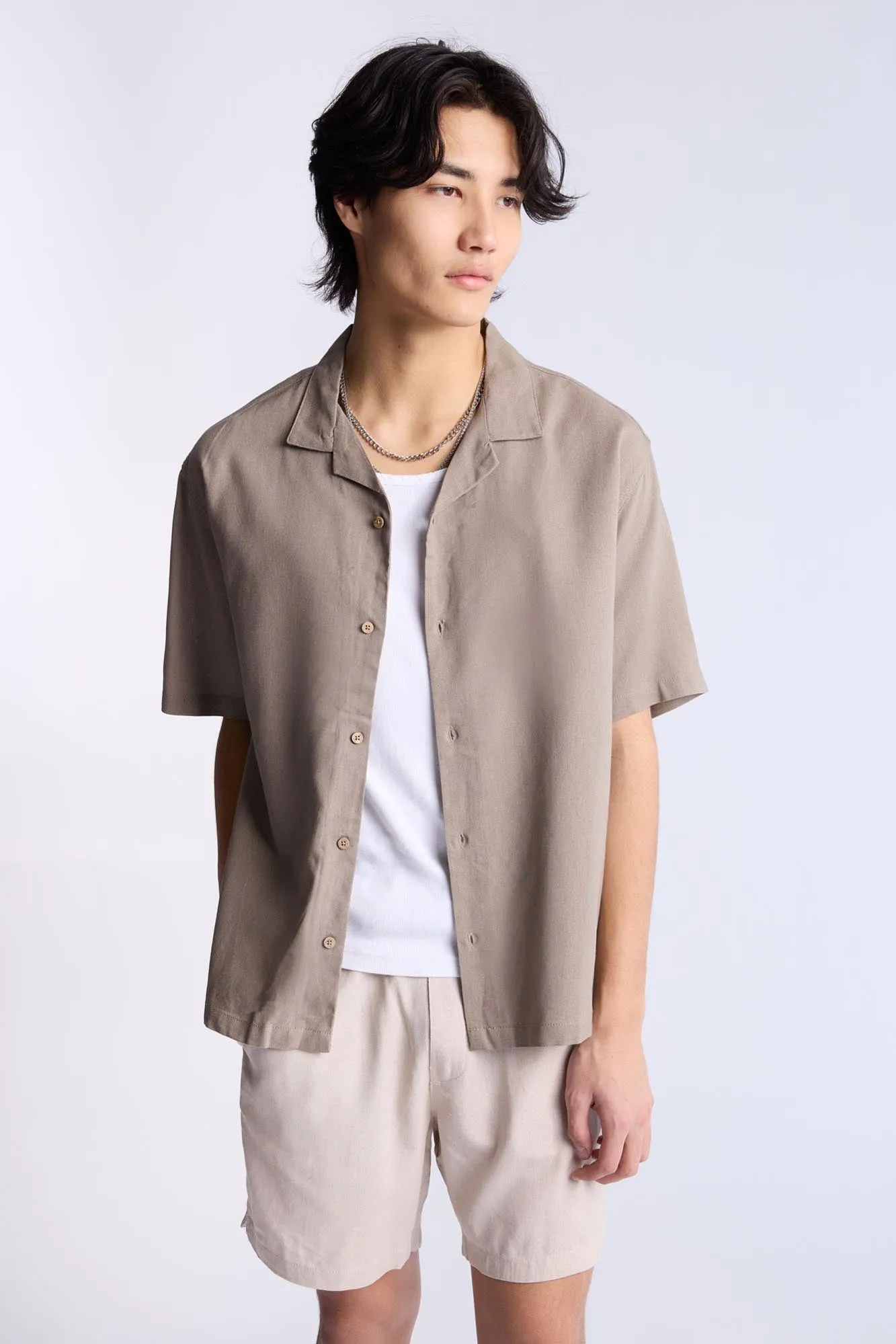 Linen-Blend Button-Up Shirt