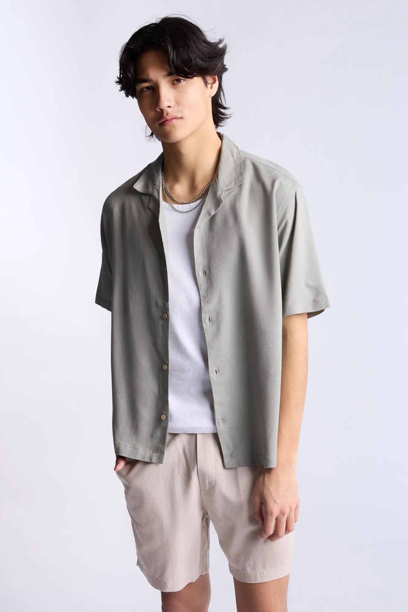 Linen-Blend Button-Up Shirt