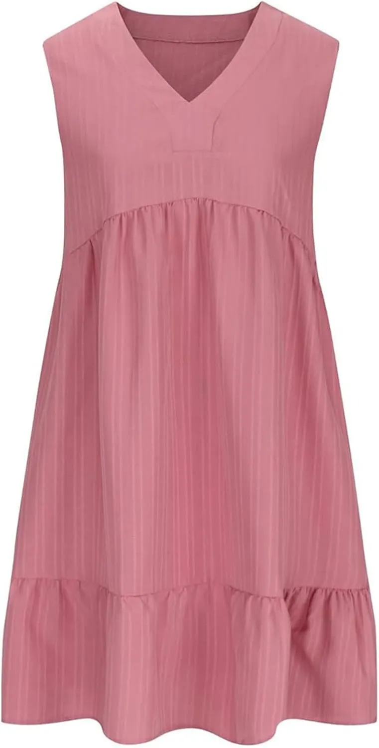 Linen Maxi Dresses for Women 2025 Sleeveless V Neck Mini Dress Fashion Casual Flowy Boho Ruffle A Line Swing Sundresses