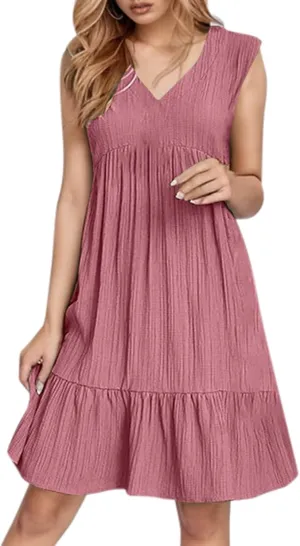 Linen Maxi Dresses for Women 2025 Sleeveless V Neck Mini Dress Fashion Casual Flowy Boho Ruffle A Line Swing Sundresses