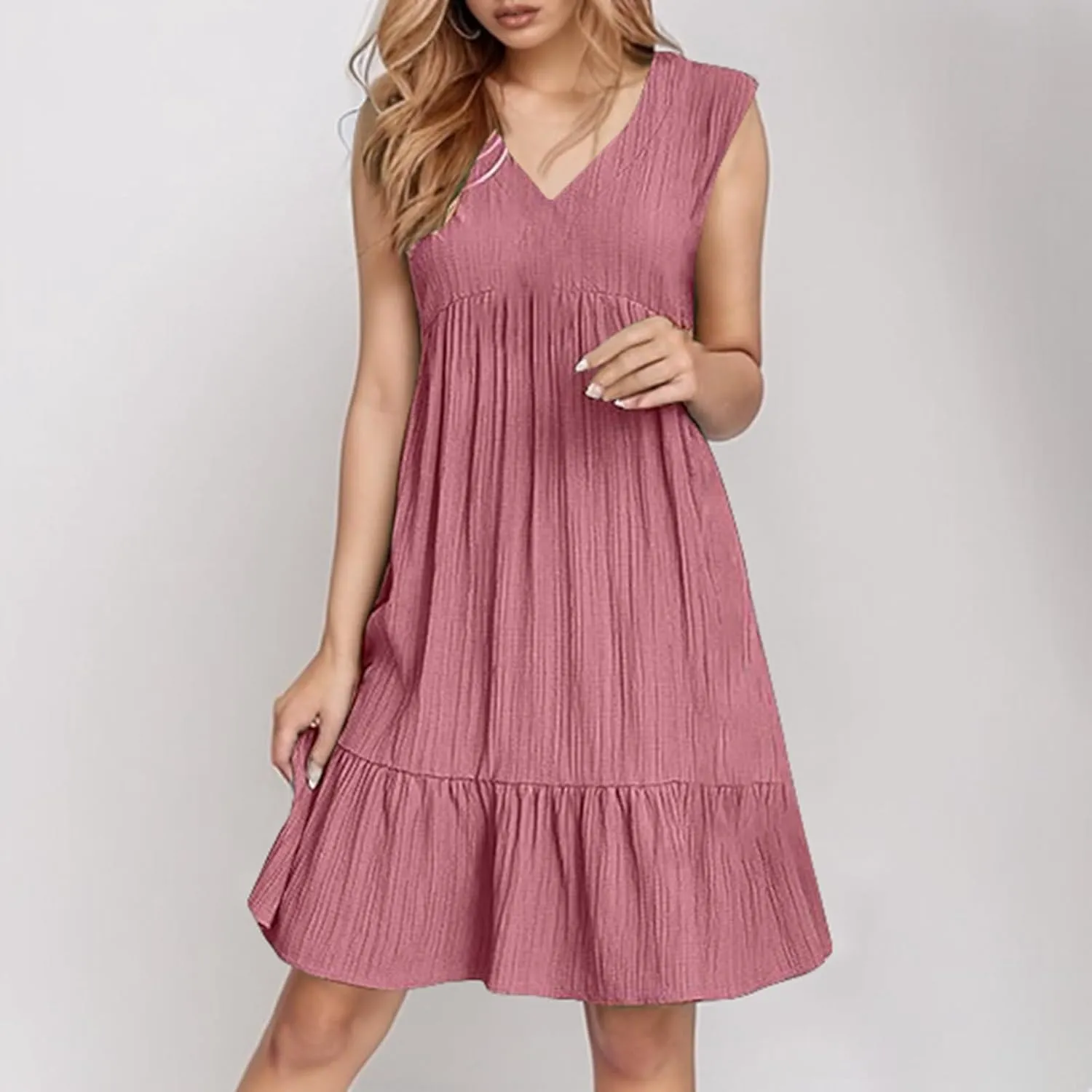 Linen Maxi Dresses for Women 2025 Sleeveless V Neck Mini Dress Fashion Casual Flowy Boho Ruffle A Line Swing Sundresses
