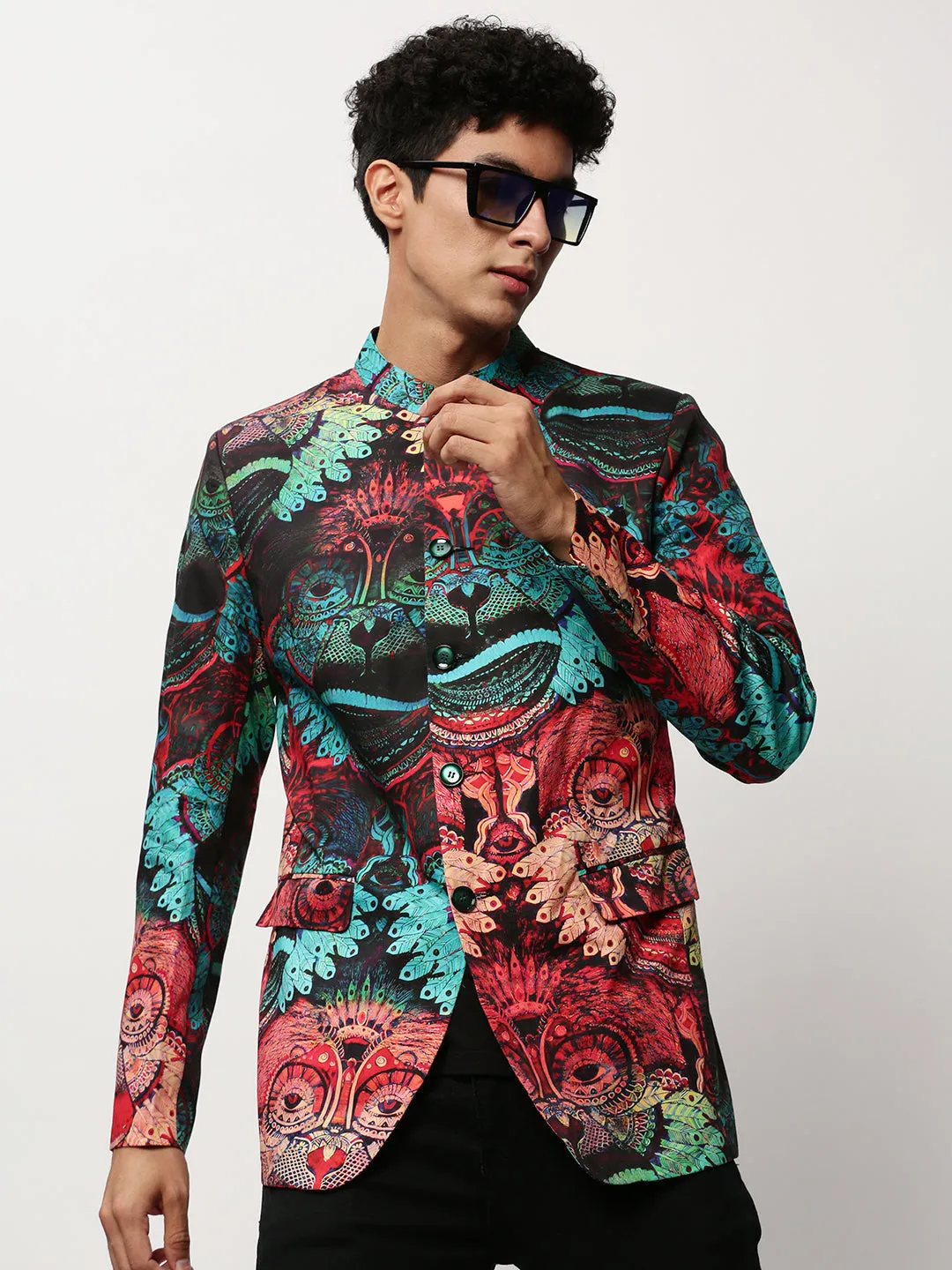 Men Multi Graphic Printed Mandarin Collar Single-Breasted Bandhgala Cotton Casual Blazer