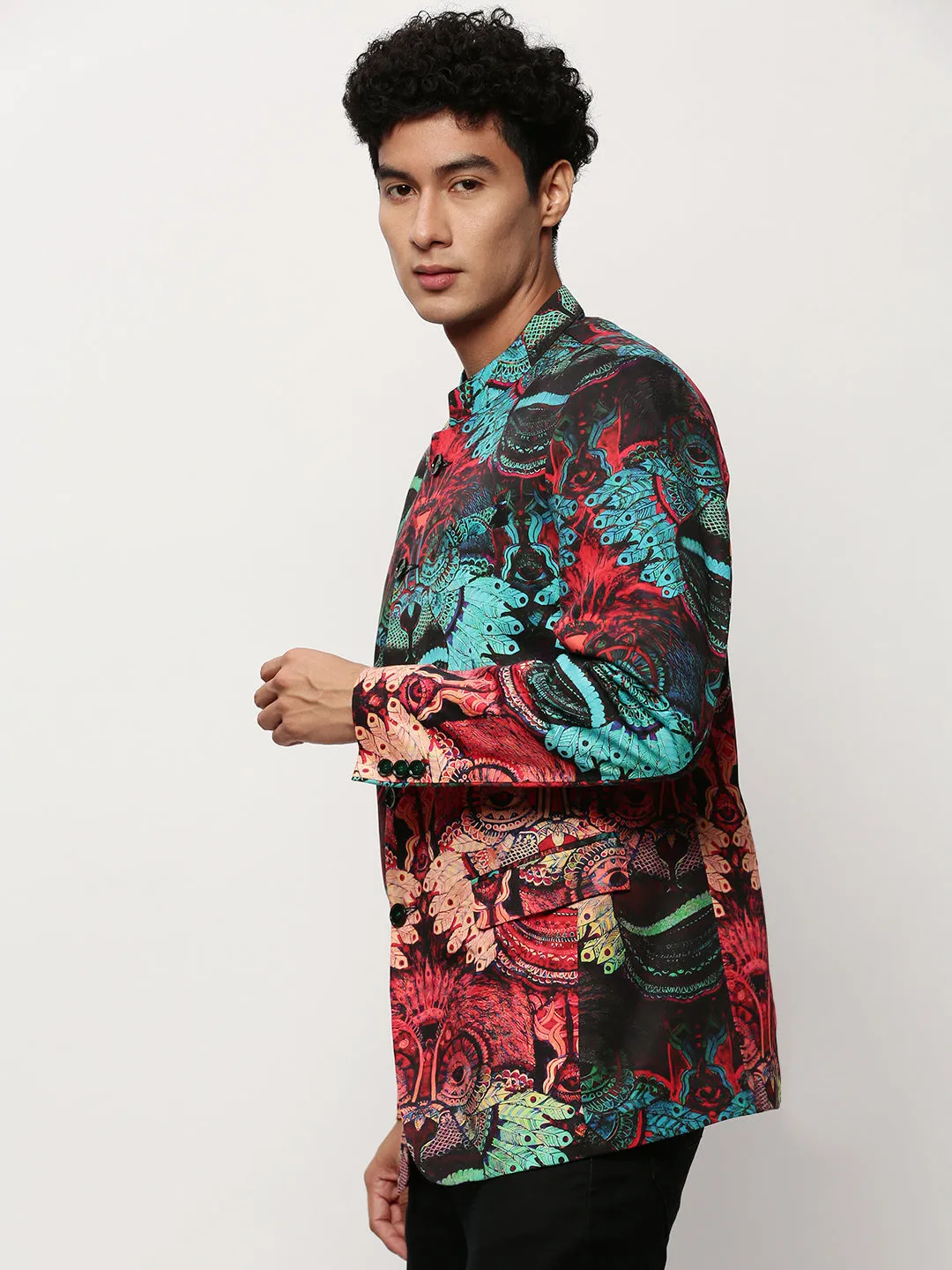 Men Multi Graphic Printed Mandarin Collar Single-Breasted Bandhgala Cotton Casual Blazer