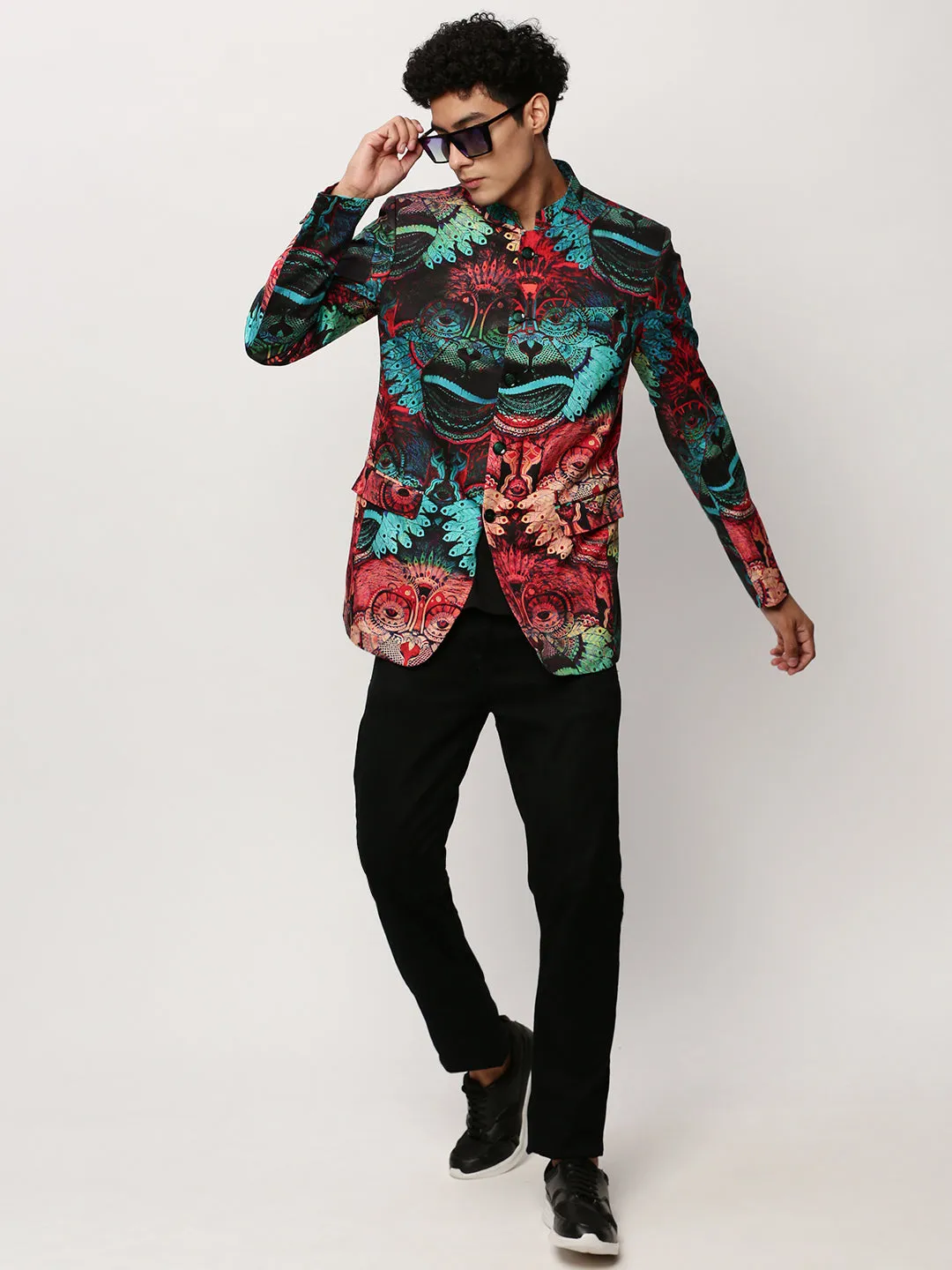 Men Multi Graphic Printed Mandarin Collar Single-Breasted Bandhgala Cotton Casual Blazer