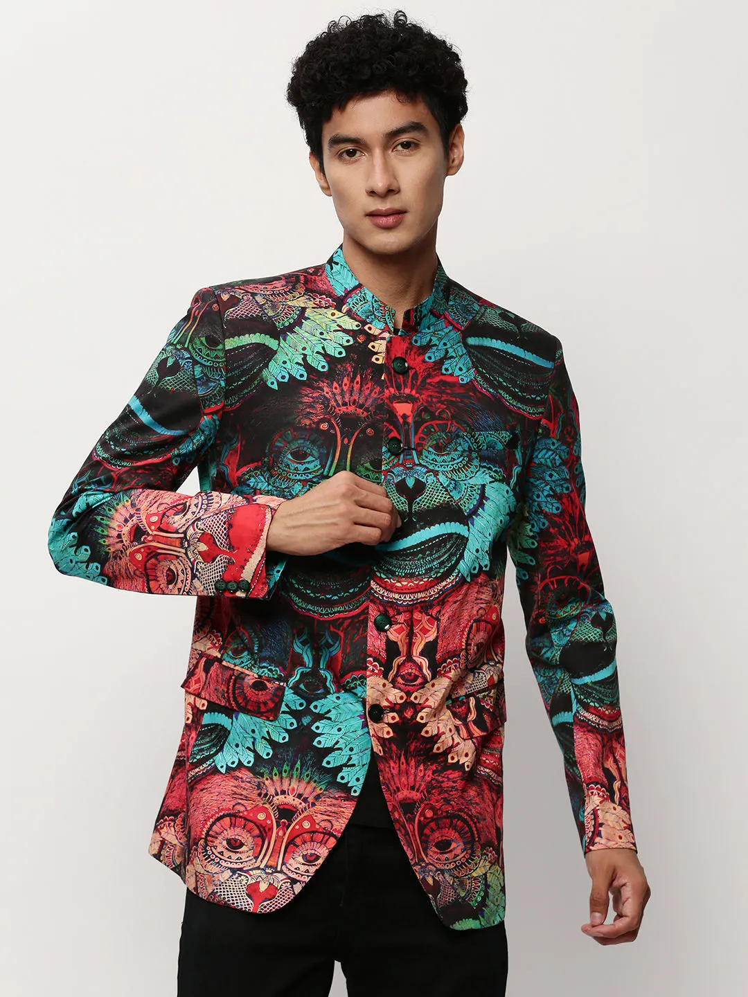 Men Multi Graphic Printed Mandarin Collar Single-Breasted Bandhgala Cotton Casual Blazer