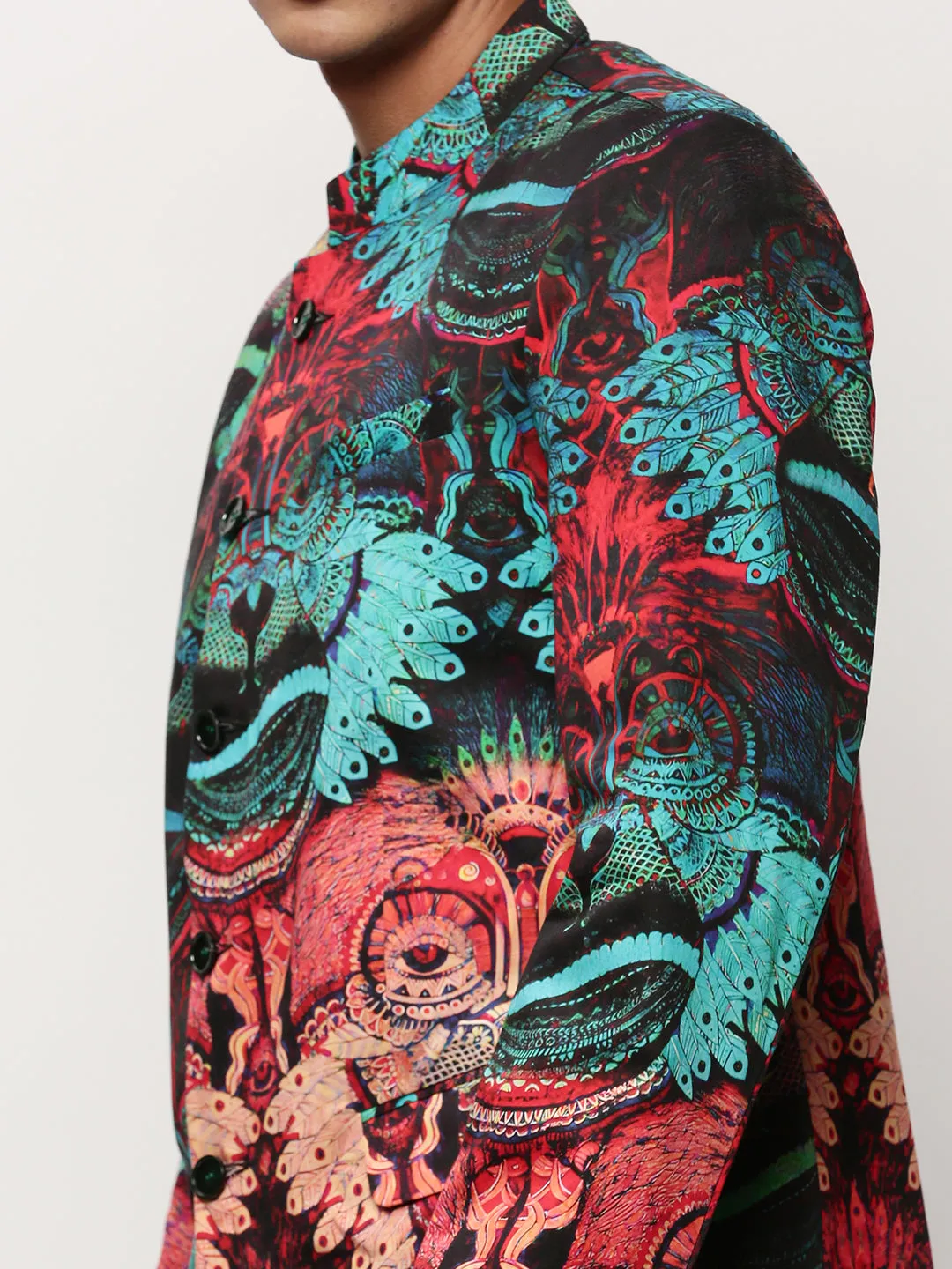 Men Multi Graphic Printed Mandarin Collar Single-Breasted Bandhgala Cotton Casual Blazer