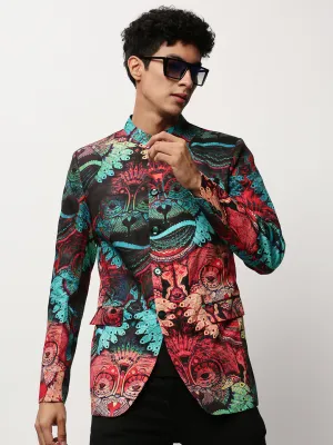 Men Multi Graphic Printed Mandarin Collar Single-Breasted Bandhgala Cotton Casual Blazer