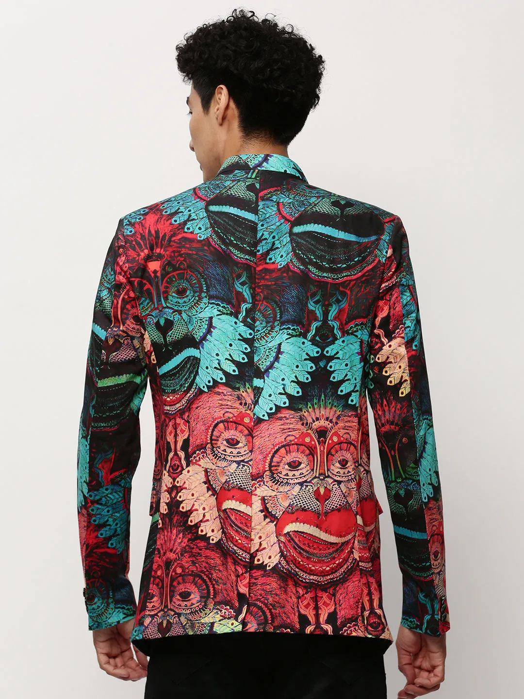 Men Multi Graphic Printed Mandarin Collar Single-Breasted Bandhgala Cotton Casual Blazer
