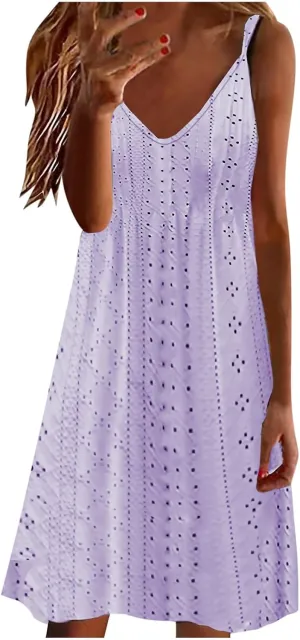 Petite Sundresses for Women Sundresses for Women Casual Beach Sexy Elegant Spaghetti Strap v Neck Eyelet Dress Flowy Swing Summer Midi Dresses 2024 Womens Sundresses Purple S