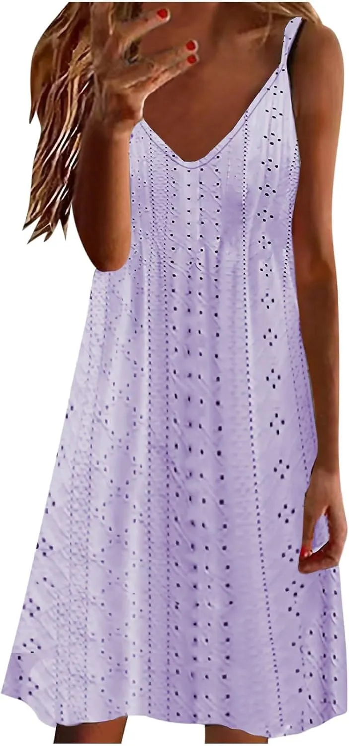 Petite Sundresses for Women Sundresses for Women Casual Beach Sexy Elegant Spaghetti Strap v Neck Eyelet Dress Flowy Swing Summer Midi Dresses 2024 Womens Sundresses Purple S
