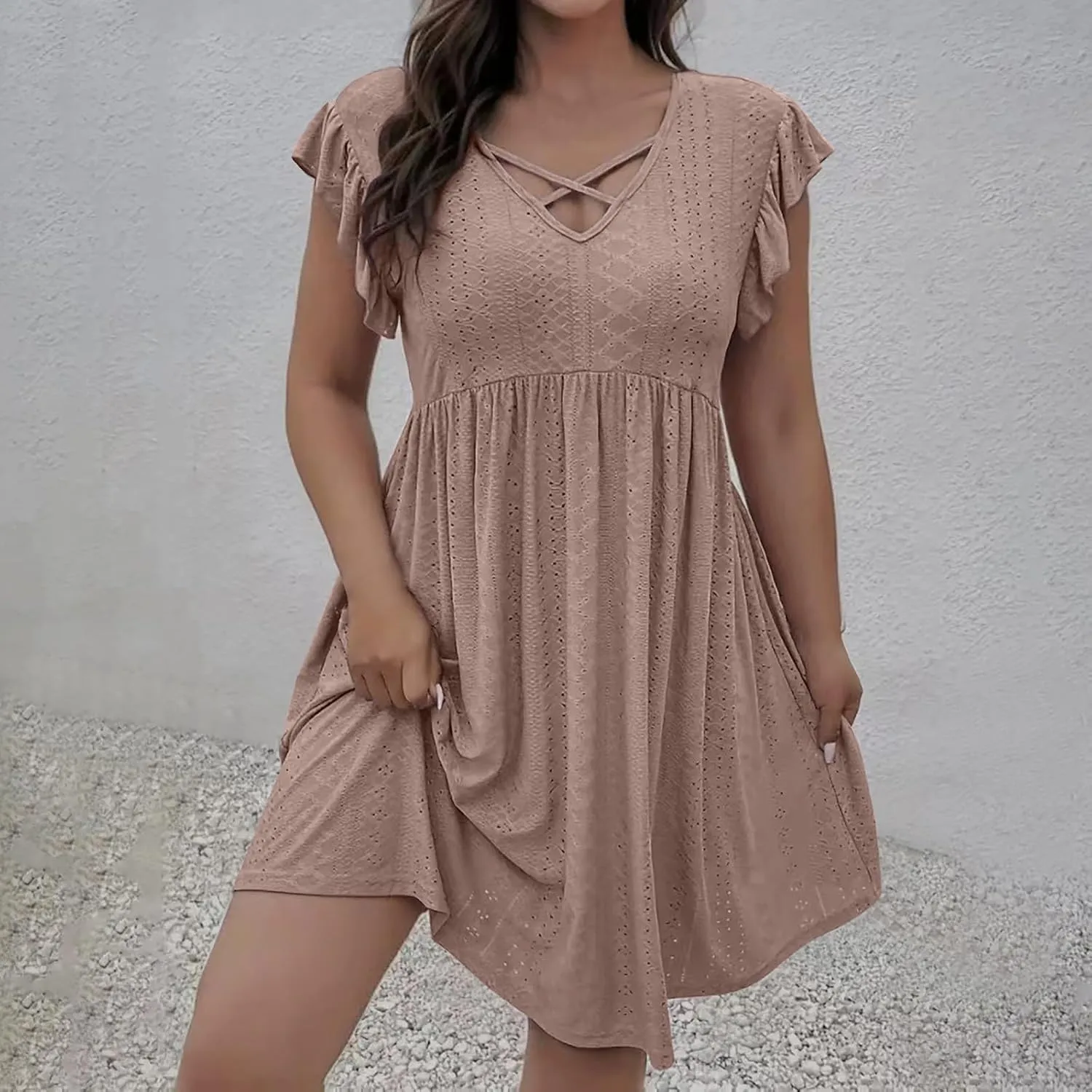 Plus Size Dresses for Curvy Women Criss Cross V Neck Ruffle Sleeve Mini Dress High Waist Hollow Out Lounge Dress