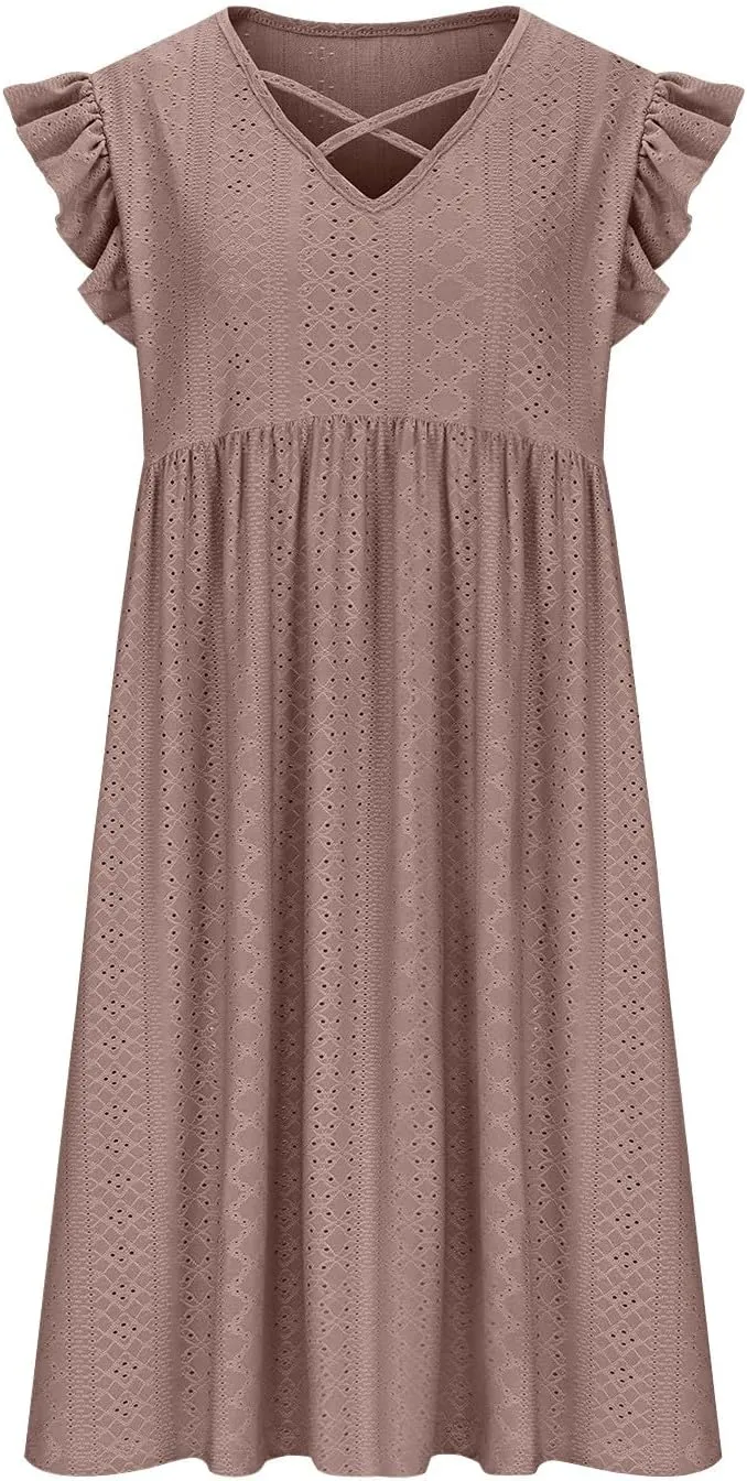Plus Size Dresses for Curvy Women Criss Cross V Neck Ruffle Sleeve Mini Dress High Waist Hollow Out Lounge Dress