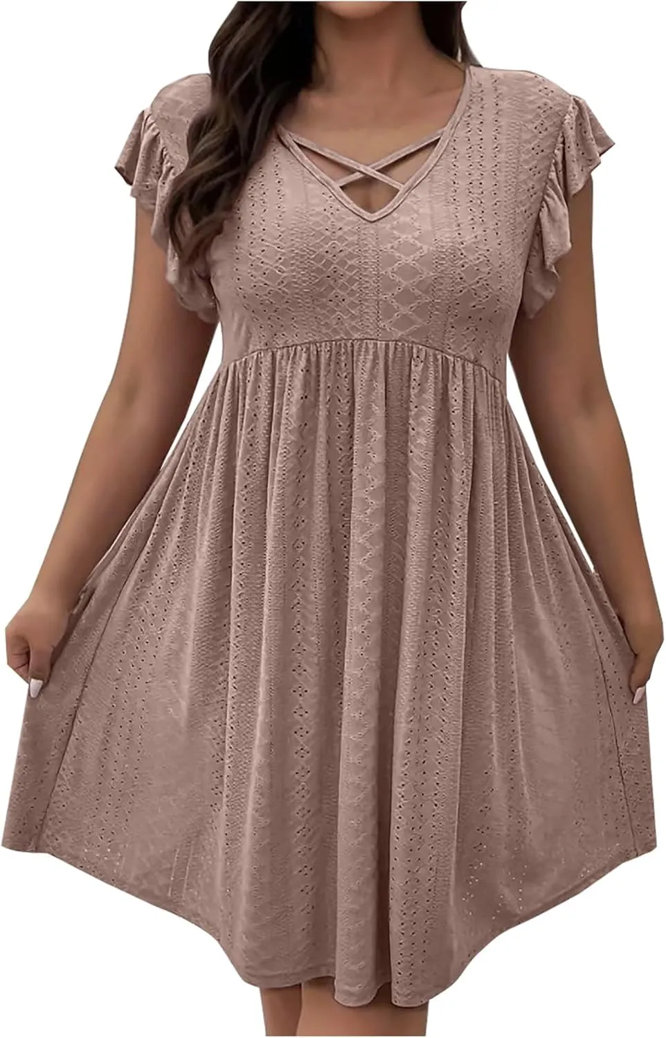 Plus Size Dresses for Curvy Women Criss Cross V Neck Ruffle Sleeve Mini Dress High Waist Hollow Out Lounge Dress