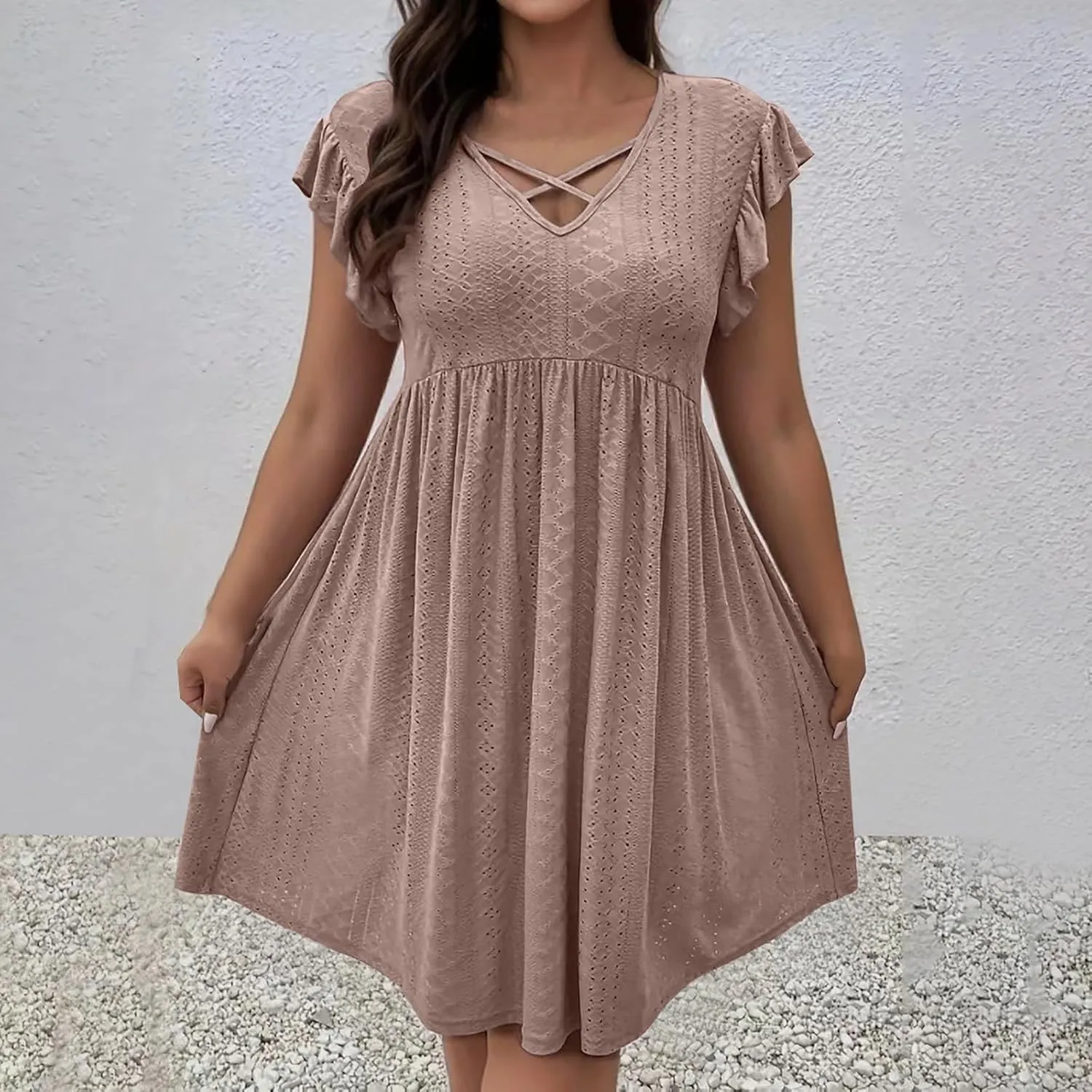 Plus Size Dresses for Curvy Women Criss Cross V Neck Ruffle Sleeve Mini Dress High Waist Hollow Out Lounge Dress