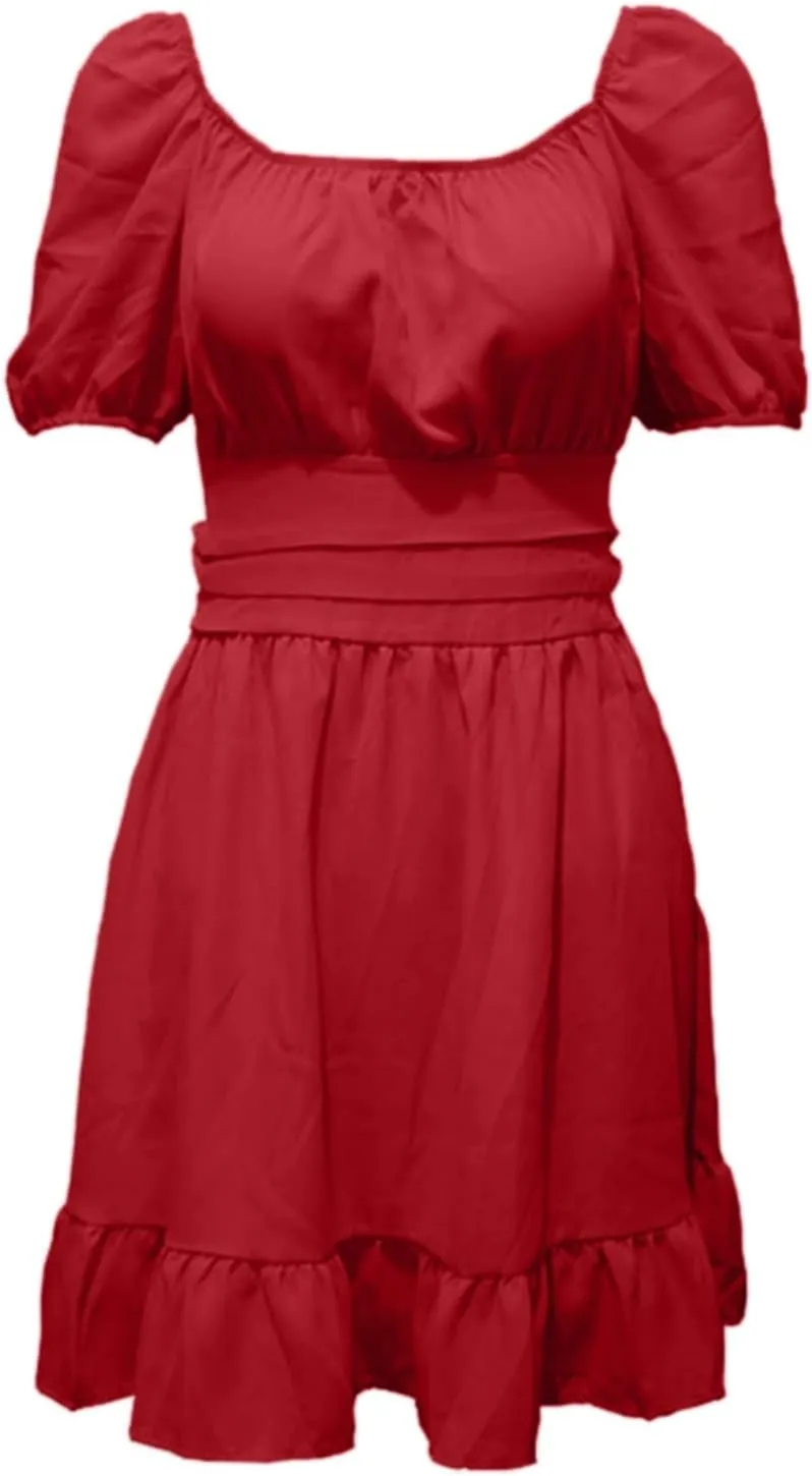 PTOLOCIF Summer Dresses for Women 2025 Square Neck Short Puff Sleeve Casual Dress Tie Back a Line Swing Mini Sundress