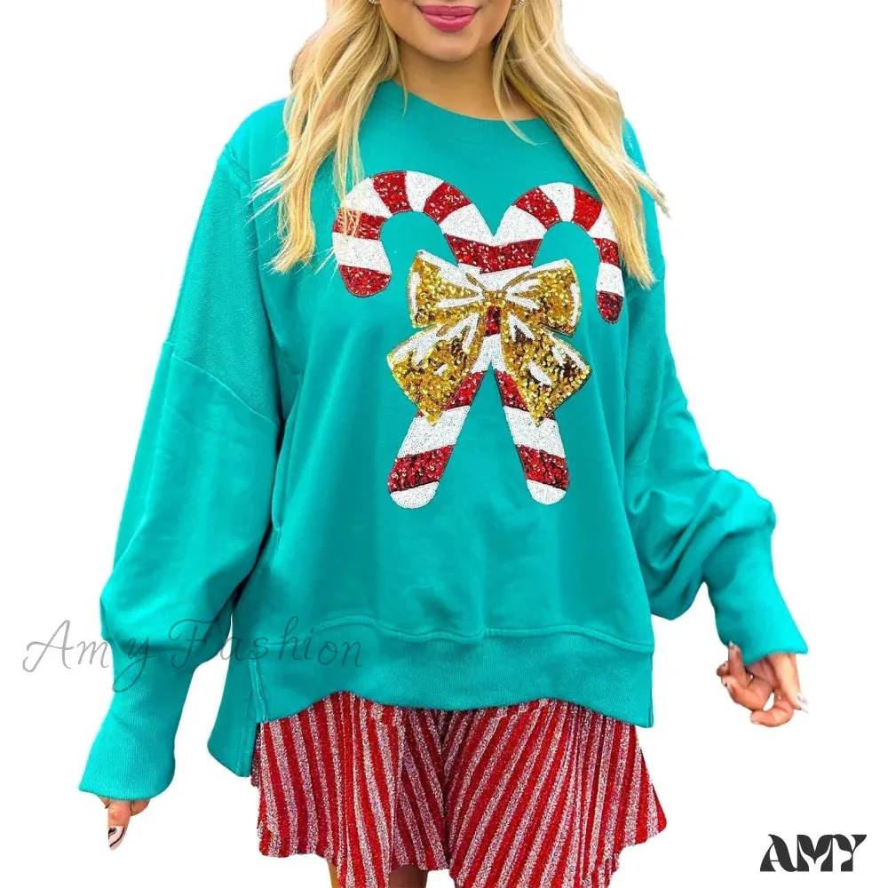 Sequin Candy Cane Oversized Side Slit Sparkly Pullover Hoodie - Christmas Holiday Theme