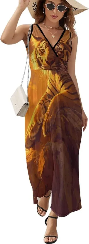 Sunset Tiger Basking in Golden Glow Sleeveless Maxi Dresses for Women V Neck Summer Dress Casual Long Beach Sundresses