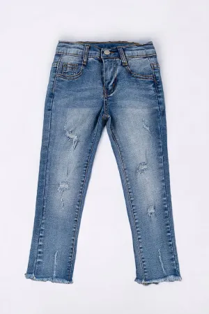 SUPER STRETCHY DARK BLUE SKINNY JEANS W/DISTRESSED HEM. PNG25153019 JEAN