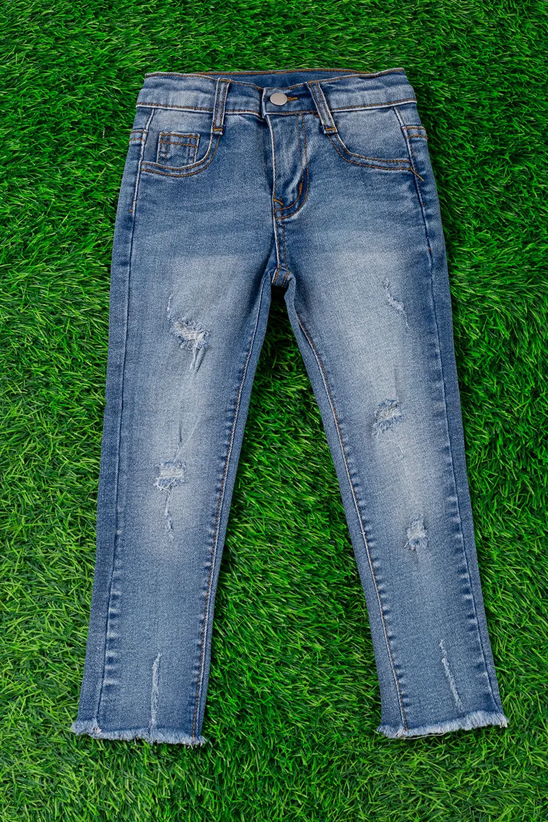 SUPER STRETCHY DARK BLUE SKINNY JEANS W/DISTRESSED HEM. PNG25153019 JEAN
