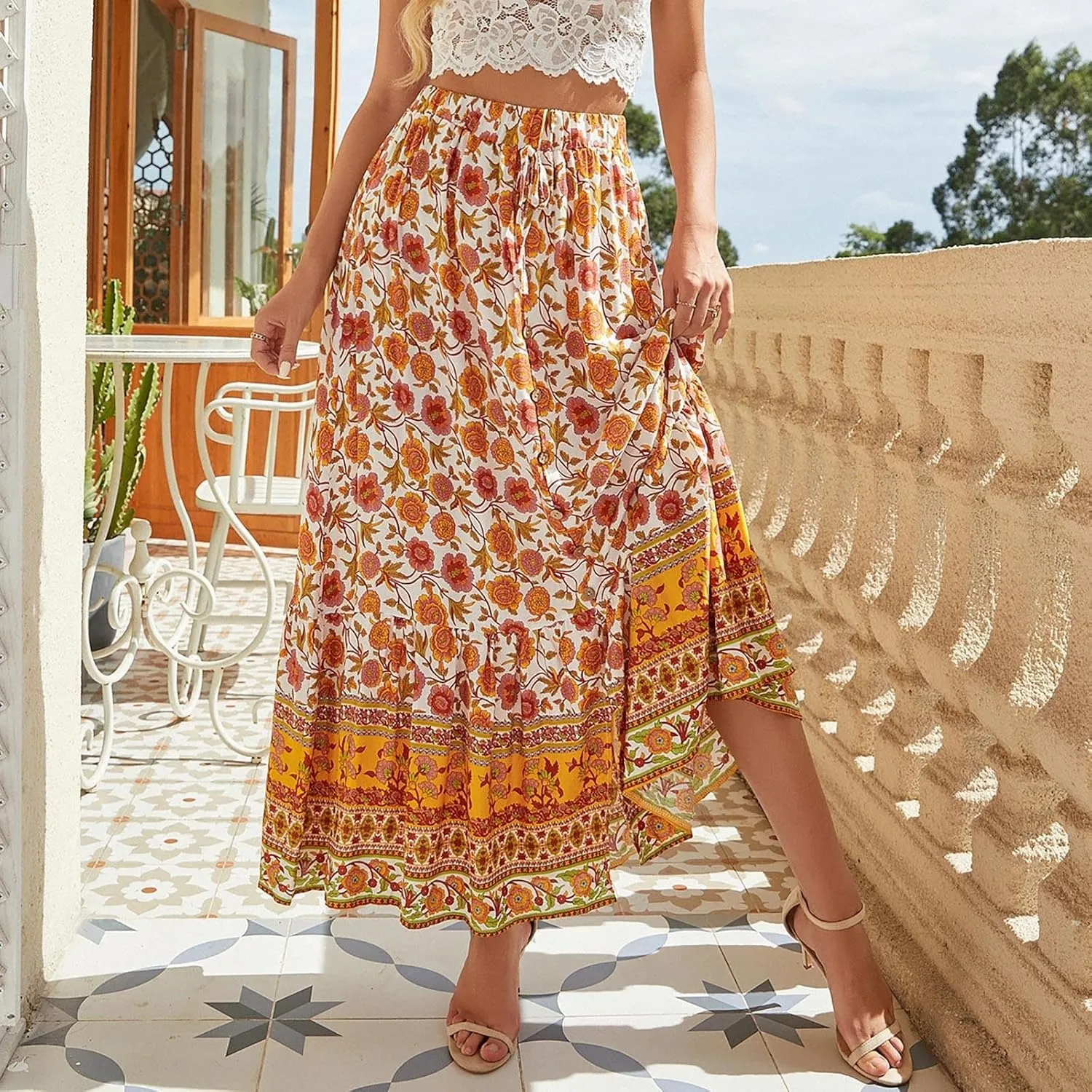 Woman Skirt Womens Boho Floral Maxi Skirt High Waisted Long Skirt Fashion Print Casual Lace Button Girls Tutu