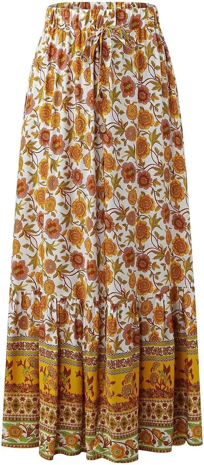 Woman Skirt Womens Boho Floral Maxi Skirt High Waisted Long Skirt Fashion Print Casual Lace Button Girls Tutu