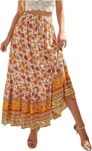 Woman Skirt Womens Boho Floral Maxi Skirt High Waisted Long Skirt Fashion Print Casual Lace Button Girls Tutu