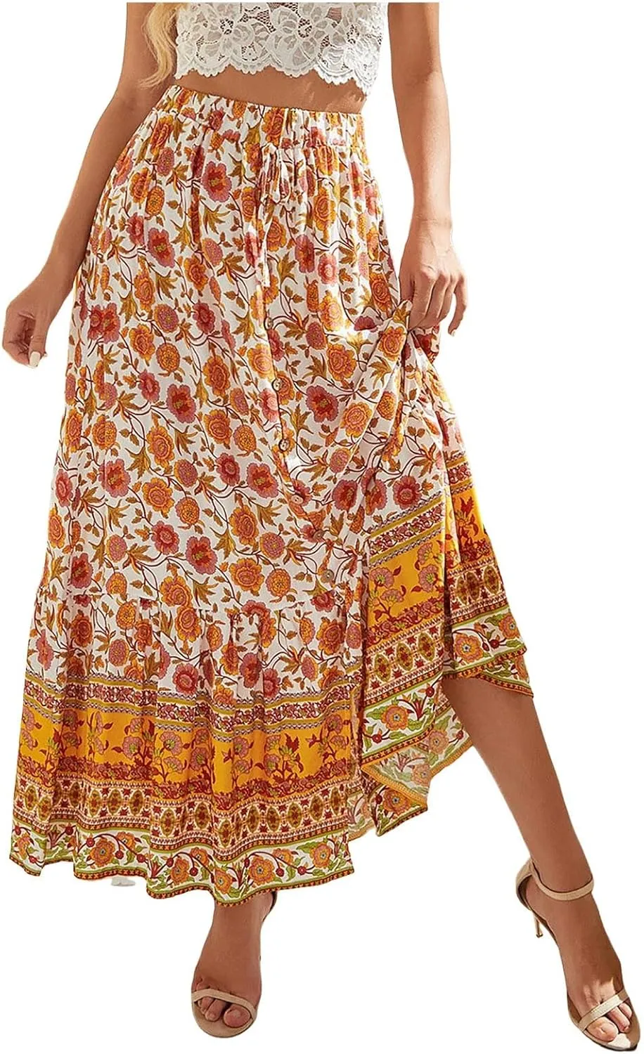 Woman Skirt Womens Boho Floral Maxi Skirt High Waisted Long Skirt Fashion Print Casual Lace Button Girls Tutu