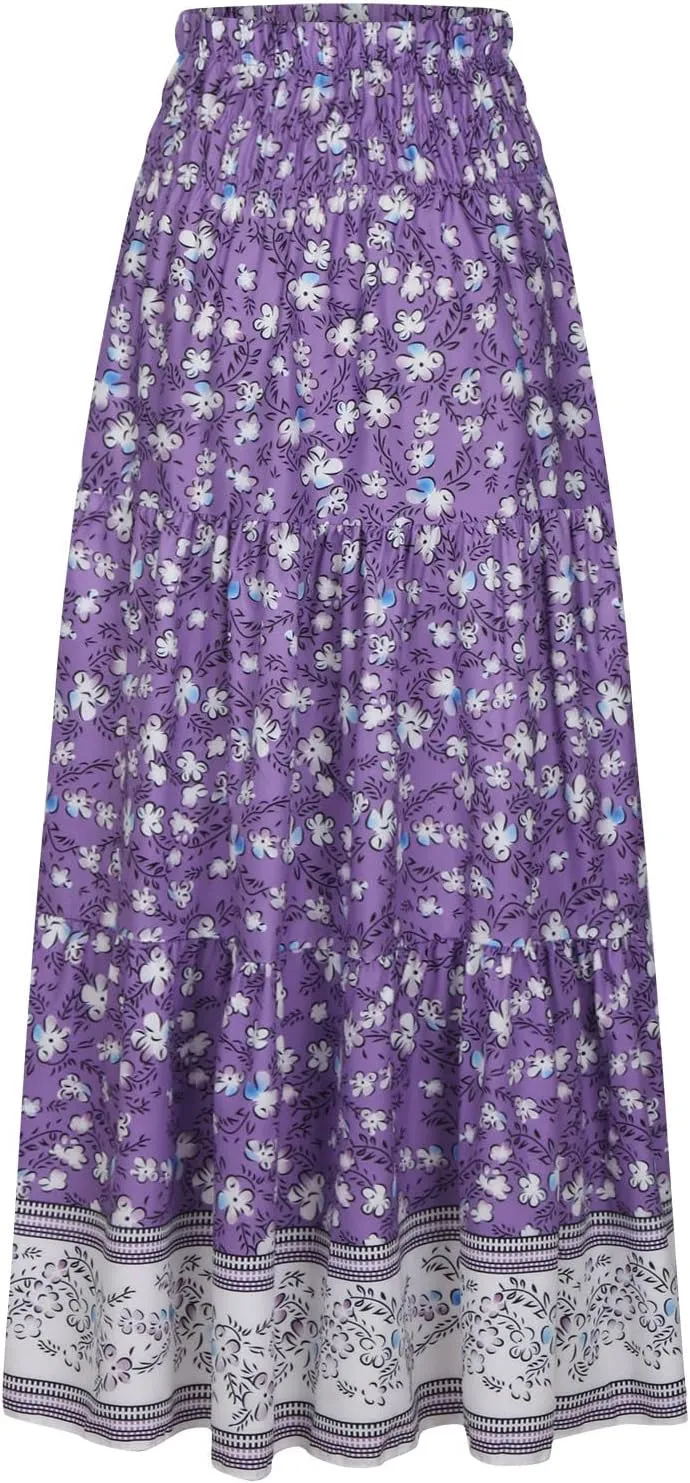 Women Boho Skirts Flowy Maxi Skirt A Line Midi Skirts Vintage Floral Skirts Casual Summer Skirt Comfy Beach Skirt