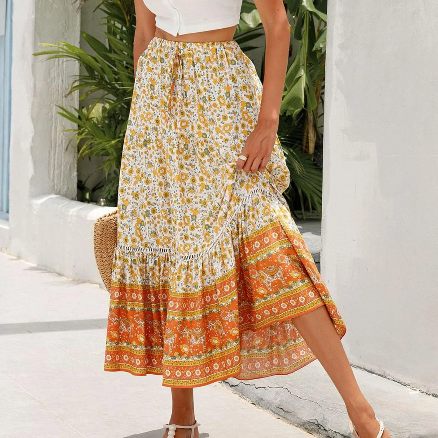 Women Boho Skirts Flowy Maxi Skirt A Line Midi Skirts Vintage Floral Skirts Casual Summer Skirt Comfy Beach Skirt