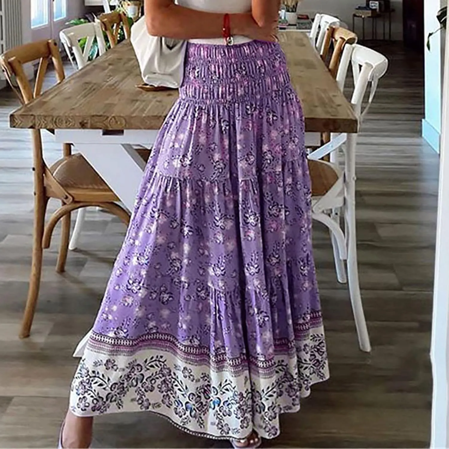 Women Boho Skirts Flowy Maxi Skirt A Line Midi Skirts Vintage Floral Skirts Casual Summer Skirt Comfy Beach Skirt